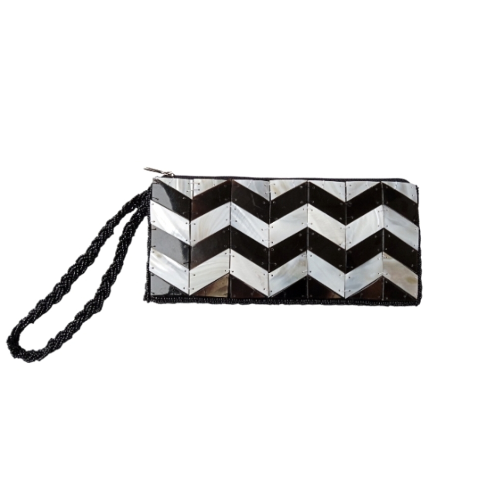 Natural Horn & Spun Silk Chevron Stripe Clutch w/ Beading. Handmade!  Wristlet